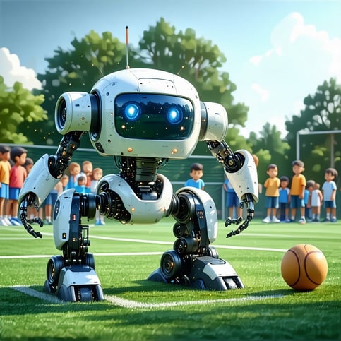 robot at a youth program playing kickball